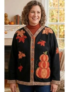 Vintage Fall Harvest Cardigan Jacket | Pumpkin & Autumn Leaf Appliqué 2XL no Tag